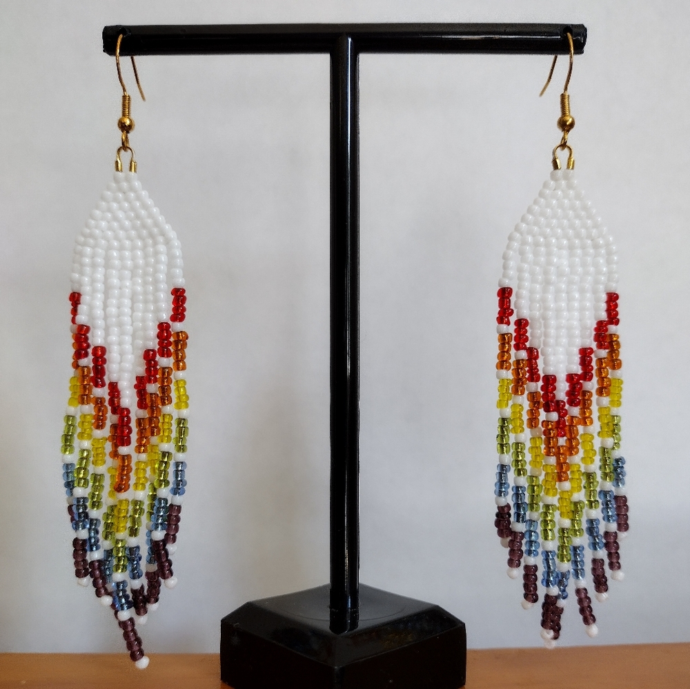 Gorgeous Rainbow White 4" Beaded Fringe Dangle S925 Earrings